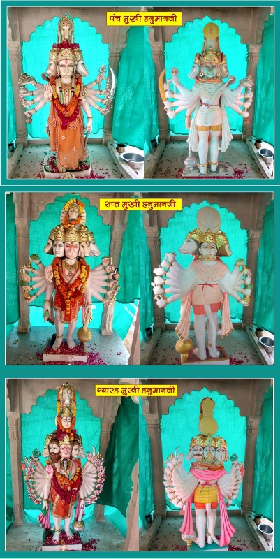 "Statues of Panchmukhi, Saptmukhi, and Ekadash Mukhi Hanuman Ji at Jasiyaram Ashram, Poonasar village, Jodhpur, Rajasthan."