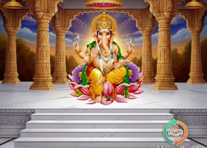 Scriptural Ganesha iconography - Modak and goad in the right hand, noose and axe in the left hand.