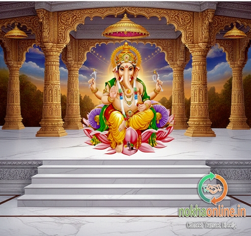 Scriptural Ganesha iconography - Modak and goad in the right hand, noose and axe in the left hand.